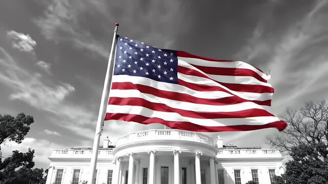 American Flag Waving Above the White House with Grey Skies and Trees