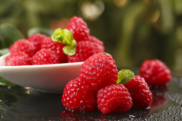 Fresh Red Raspberries with Mint Leaves in Bowl - Healthy Organic Berry Fruit