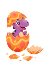 Fototapeta premium Cute Purple Dinosaur Hatching from Orange Spotted Egg on Transparent Background