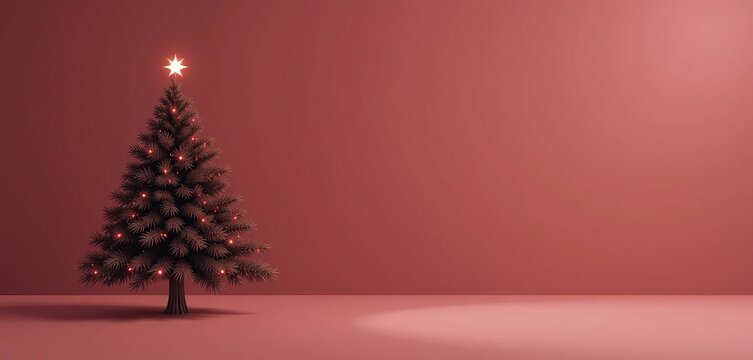 Elegant and minimalist Christmas tree with glowing red lights and a radiant star, set in a serene reddish-brown studio setting