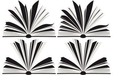 Four open book pages vector black-and-white clip art on white background, minimalist layout asset