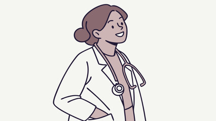 Smiling female doctor in white coat with stethoscope looking upward