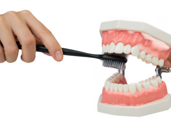 Close up of a hand brushing teeth on a dental model isolated on transparent background