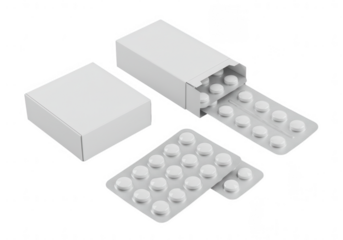 Two white cardboard boxes with blister packs of white pills isolated on transparent background