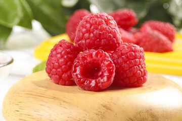 Fresh Red Raspberries on Wooden Board with Sparkling Water Droplets - Healthy Organic Fruit Food Photography