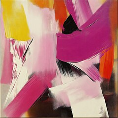 Abstract painting with vibrant hues. Bold brushstrokes create dynamic composition of pink, white, yellow, and orange
