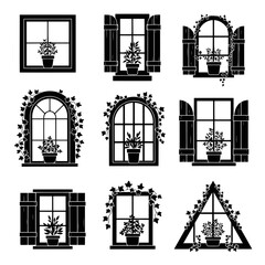 Vector art of collection of window frames with flower pots and ivy set of various window frames decorated with plants