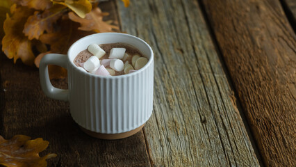 Cozy autumn drink. Mug of hot chocolate or cocoa adorned with marshmallows on rustic table. 