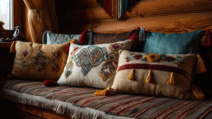 Cozy couch with handmade embroidered cushions and colorful tassels, warm-toned rustic interior with wooden accents
