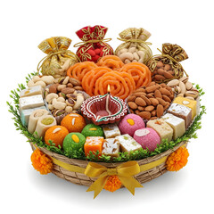 Festive Indian Sweet and Nut Basket with Diya and Candle for Celebrations