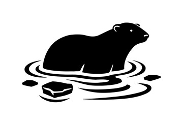 Vector art of polar bear swimming in water with ice floe, black silhouette vector illustration of arctic animal