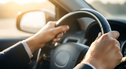 Naklejka premium Close-up of a businessman's hands confidently gripping the steering wheel during a sunny commute