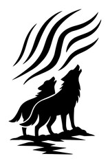 Vector art of two wolves howling at the sky with abstract aurora borealis silhouette illustration