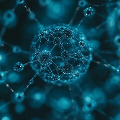 Abstract representation of a complex molecular structure,  with interconnected,  translucent,  blue spheres and lines.  Deep blue background