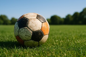Fototapeta premium Old soccer ball on grass field