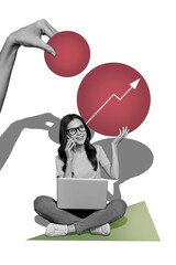 Vertical collage young woman remote job worker expert economy rise up stock dynamic arrow laptop...