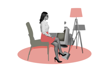 Composite photo collage of serious businesswoman sit office chair equipment monitor lamp text box messenger isolated on painted background