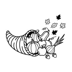 Illustration of a cornucopia with fruits and vegetables, a symbol of abundance and harvest season celebration