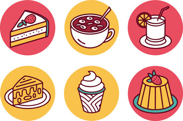 A collection of six circular icons featuring various sweet treats and beverages vector Illustration