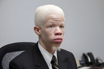 Formal Portrait of an Albinistic African American Man in a Black Suit and Tie Looking Away with a Contemplative Expression