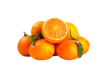 Fresh Orange Citrus Fruits with Juicy Pulp and Green Leaves on White Background