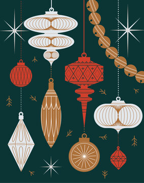 Christmas tree art deco toys in different shapes and forms in vintage style drawing in red and beige theme on green background