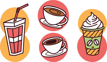 A collection of stylized drinks: coffee cups, a soda cup, and a whipped cream beverage vector Illustration