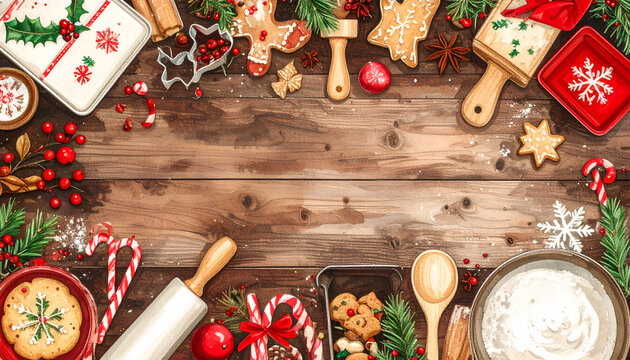 Festive Christmas Baking Scene on Rustic Wooden Table