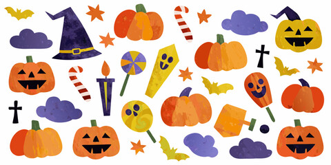 Halloween Icons Collection with Pumpkins and Witch Hat