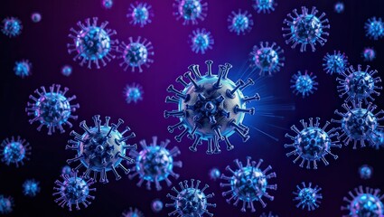 Microscopic view of coronavirus virions floating in a dark purple and blue gradient background