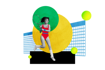 Composite photo collage of sportswoman tennis player hold rocket push ball olympic game international game isolated on painted background