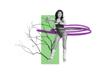 Composite photo collage of happy sportswoman twist hula hoop pilates sport lifestyle wear retro swimsuit isolated on painted background
