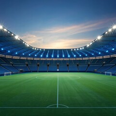 Empty soccer stadium with bright lights and sunset sky