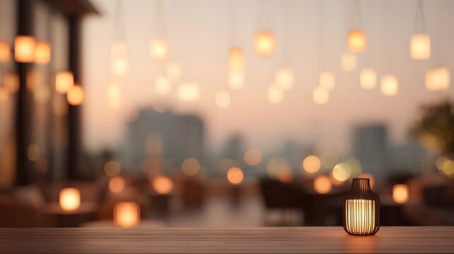 Luxury rooftop champagne lounge blurred glowing lanterns, cinematic warm palette