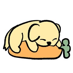 Golden retriever cartoon puppy sleeping cutely while hugging a carrot toy. Sweet and peaceful digital art illustration for pet and cute design themes.