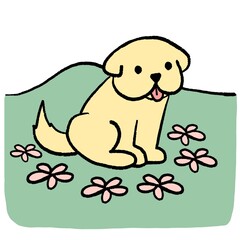 Cartoon golden retriever puppy sitting happily on the grass surrounded by flowers. Cheerful and playful dog illustration, perfect for spring, outdoor, and pet designs.