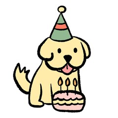 Cute golden retriever cartoon puppy wearing a party hat with a birthday cake. Adorable digital art illustration symbolizing celebration, joy, and happiness.