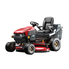Modern red riding lawn mower with black seat and gold wheels against a black background