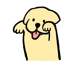 Adorable golden retriever cartoon dog raising its paws playfully with tongue out. Fun digital art in cute style, perfect for stickers and pet designs.