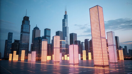 Fototapeta premium Chicago skyline at dusk with futuristic light box installation. This urban renewal project represents hopeful vision for business rebuilding in modern metropolitan city
