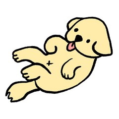 Cartoon golden retriever puppy lying on back, tongue out, playful and silly pose. Cute funny dog illustration.