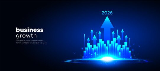 Business growth vector with rising arrows and futuristic blue background technology style. Perfect for finance, economy, success, data analytics, presentation, and digital marketing design.