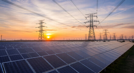 Sunset Over Solar Farm and Power Lines Clean Energy Future