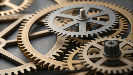 Detailed closeup of old clockwork gears representing business teamwork and rebuilding system. mechanical parts and cogs work together with precision for machine