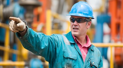 A skilled industrial worker in protective gear, directing a team on a construction site.