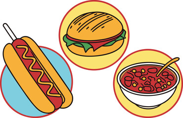 Illustrated icons of a hot dog, hamburger, and bowl of chili on vector Illustration white background