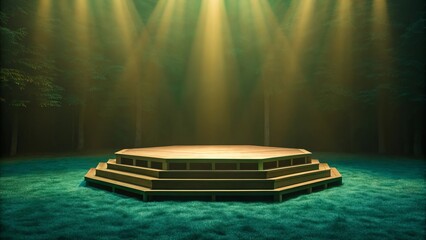 Empty golden octagonal stage with dramatic spotlight illumination