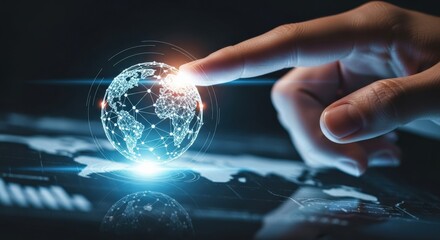 Hand touching a digital globe with network connections, symbolizing global technology and connectivity.