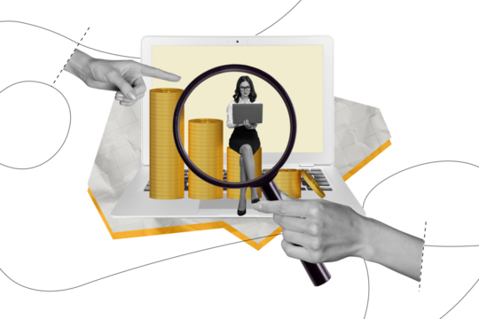 Composite photo collage of happy businesswoman type macbook earn money coin freelance concept loupe zoom isolated on painted background