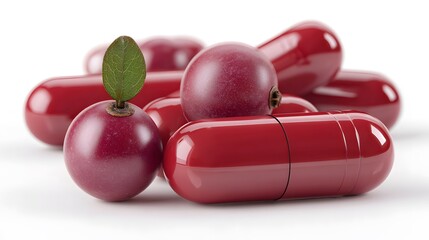 food supplement bright reddish-purple color capsules and fresh camu camu berry high resolution